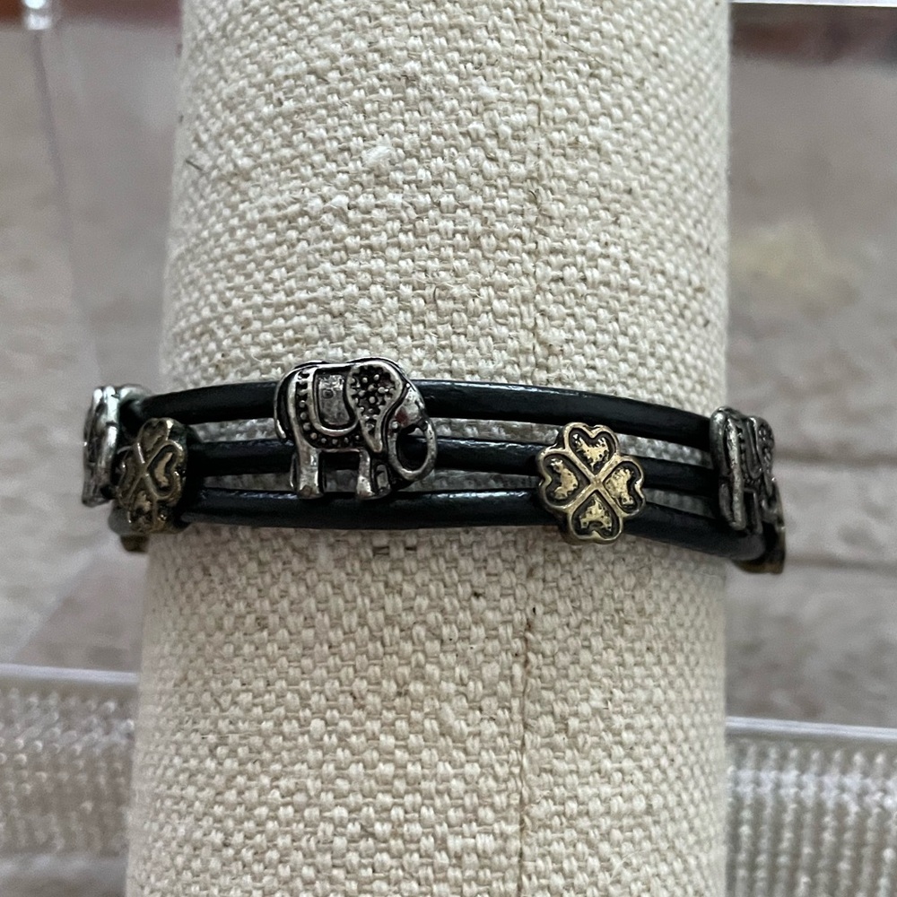 Bohemian Elephant Charm Leather Bracelet with Gold and Silver Accents - Picture 4 of 8